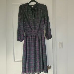 J. Crew Green, Blue and Pink Plaid Long Sleeve Dress With Bow Neck Detail